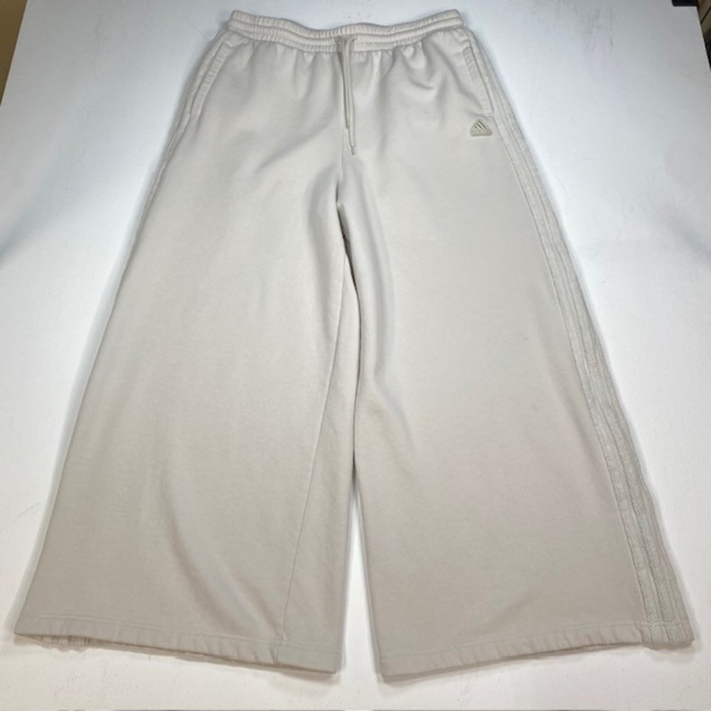 Adidas Womens XL Cream Wide Leg Sweatpants Borg Fleece 3-Stripe JI5859